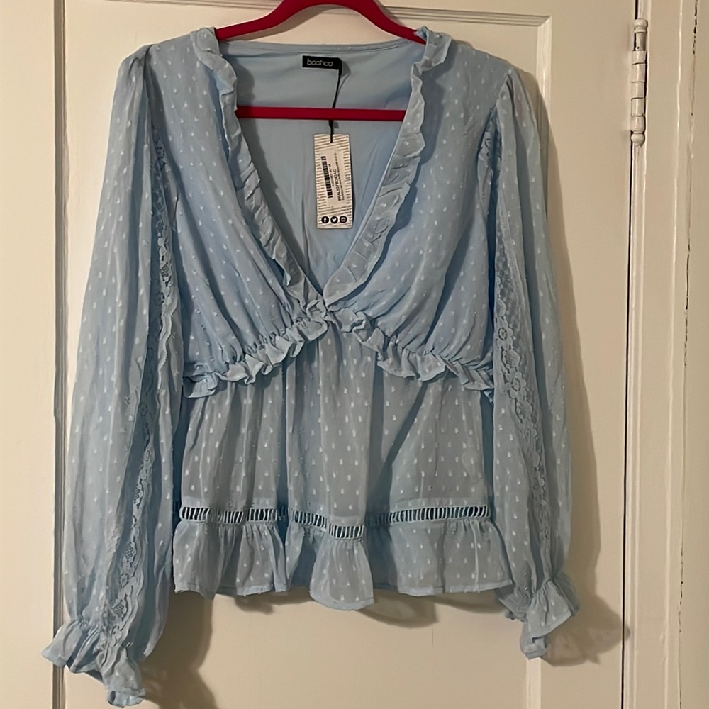 Boohoo lace insert ruffle blouse